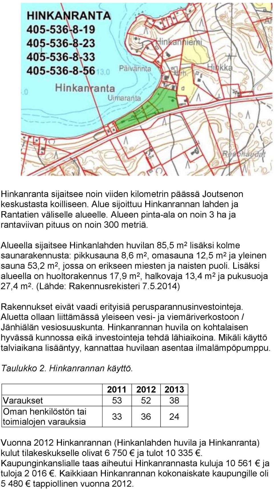 Alueella sijaitsee Hinkanlahden huvilan 85,5 m 2 lisäksi kol me saunarakennusta: pik ku sau na 8,6 m 2, omasauna 12,5 m 2 ja yleinen sauna 53,2 m 2, jossa on erikseen miesten ja nais ten puoli.