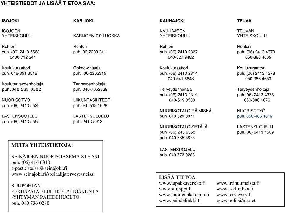 (06) 2413 5529 puh 040 512 1626 LASTENSUOJELU LASTENSUOJELU puh. (06) 2413 5555 puh. 2413 5913 MUITA YHTEISTIETOJA: SEINÄJOEN NUORISOASEMA STEISSI puh. (06) 416 6310 s-psti: steissi@seinäjki.fi www.