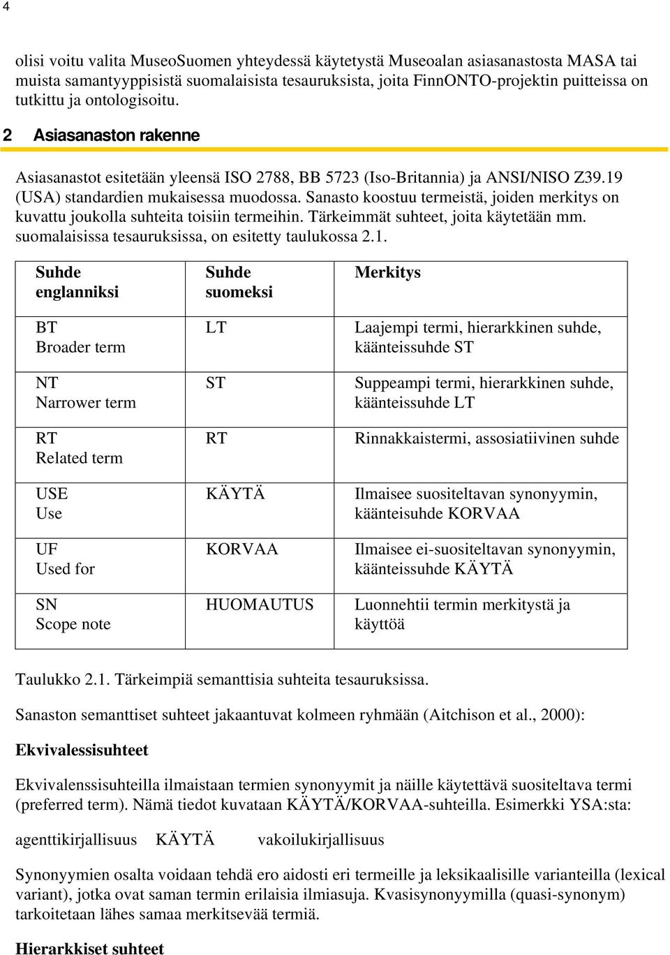 Sanasto koostuu termeistä, joiden merkitys on kuvattu joukolla suhteita toisiin termeihin. Tärkeimmät suhteet, joita käytetään mm. suomalaisissa tesauruksissa, on esitetty taulukossa 2.1.