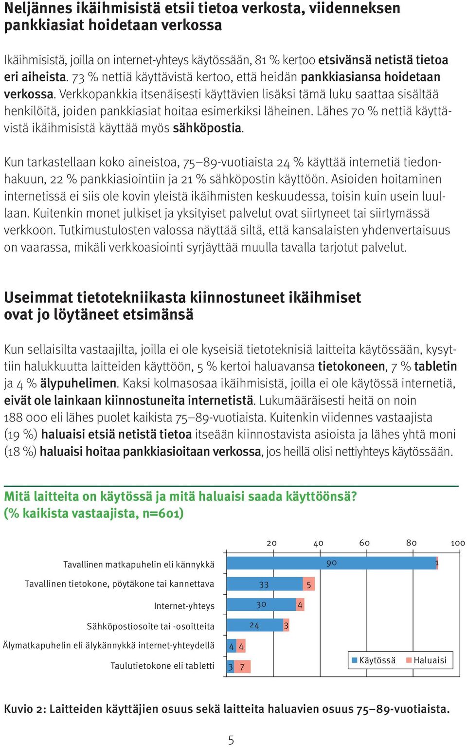 Verkkopankkia itsenäisesti käyttävien lisäksi tämä luku saattaa sisältää henkilöitä, joiden pankkiasiat hoitaa esimerkiksi läheinen. Lähes 0 % nettiä käyttävistä ikäihmisistä käyttää myös sähköpostia.