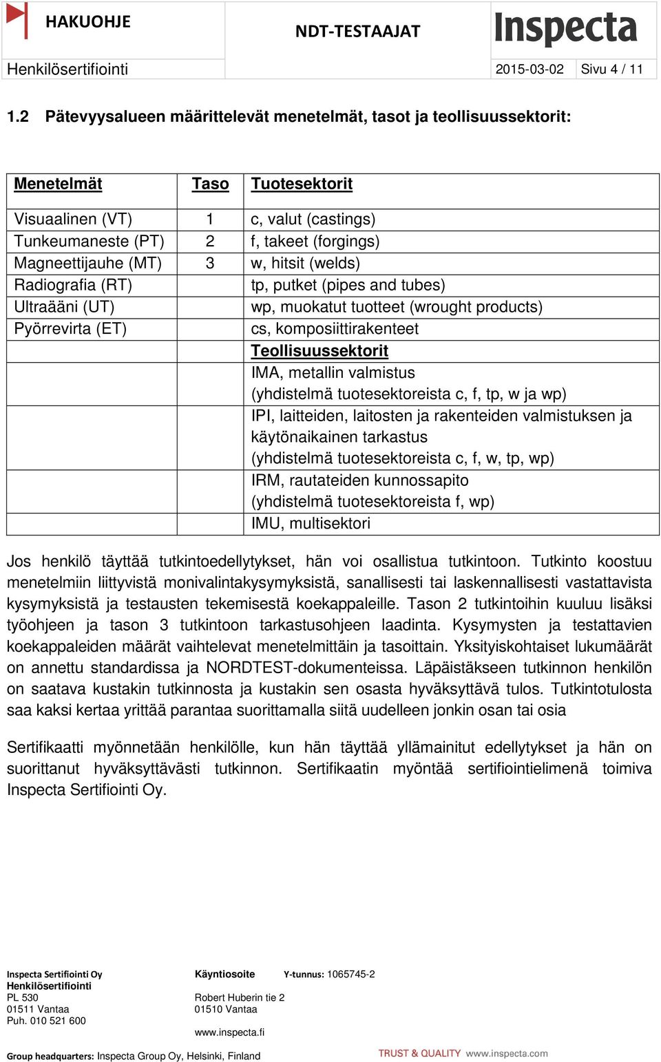 (MT) 3 w, hitsit (welds) Radiografia (RT) tp, putket (pipes and tubes) Ultraääni (UT) wp, muokatut tuotteet (wrought products) Pyörrevirta (ET) cs, komposiittirakenteet Teollisuussektorit IMA,