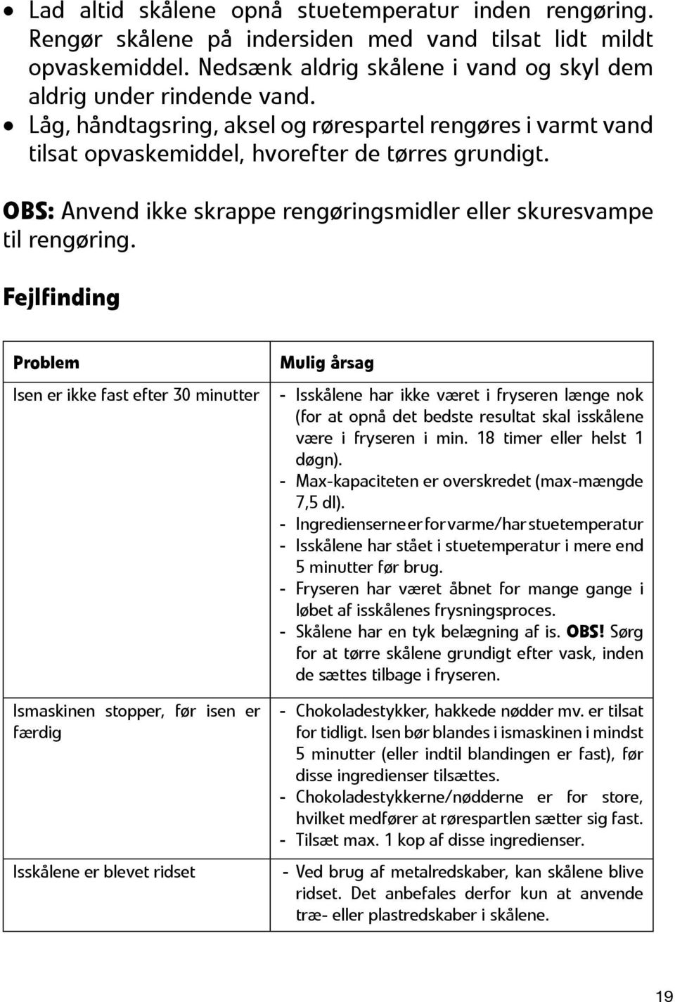 Fejlfinding Problem Isen er ikke fast efter 30 minutter Ismaskinen stopper, før isen er færdig Isskålene er blevet ridset Mulig årsag - Isskålene har ikke været i fryseren længe nok (for at opnå det