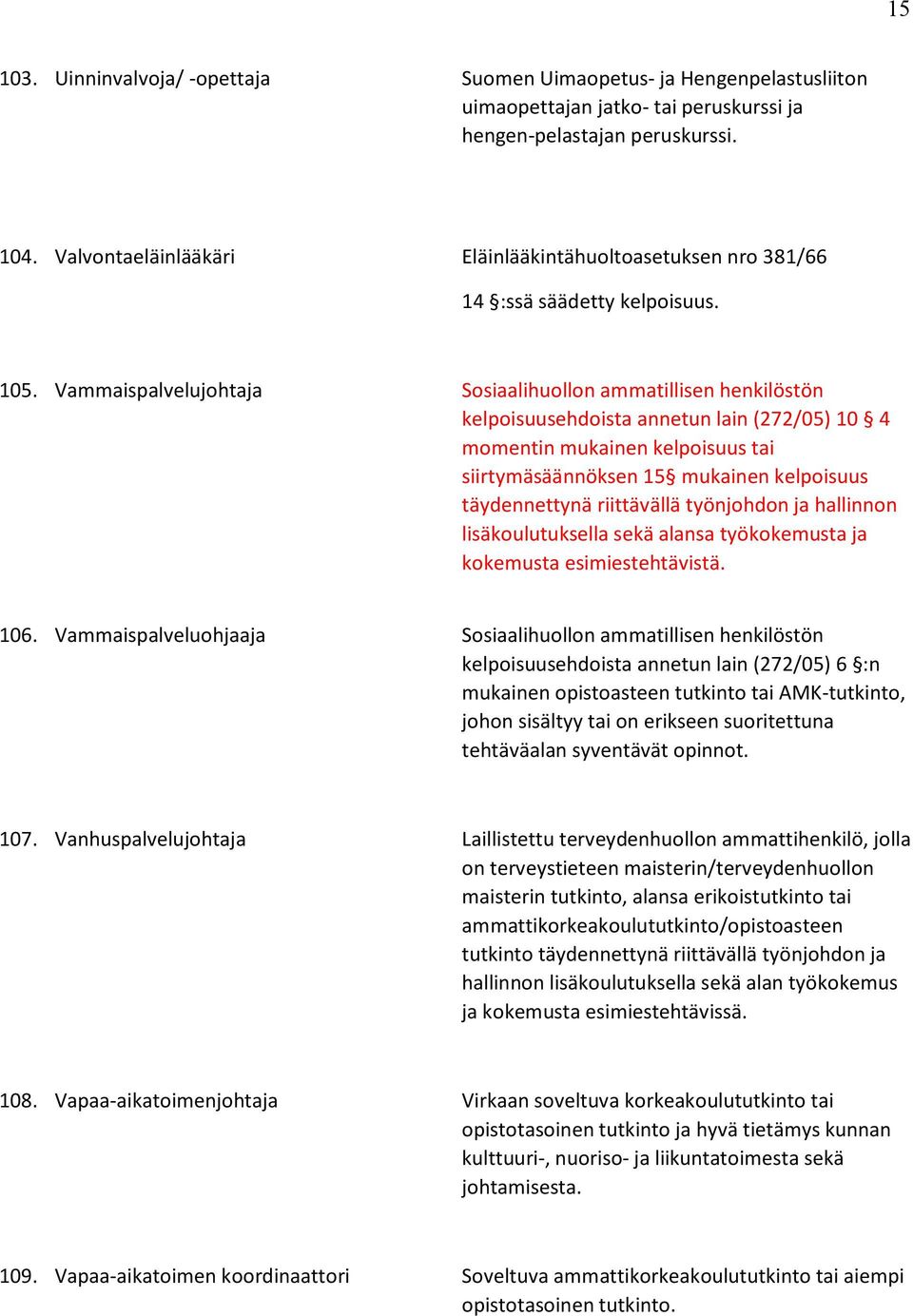 Vammaispalvelujohtaja Sosiaalihuollon ammatillisen henkilöstön kelpoisuusehdoista annetun lain (272/05) 10 4 momentin mukainen kelpoisuus tai siirtymäsäännöksen 15 mukainen kelpoisuus täydennettynä