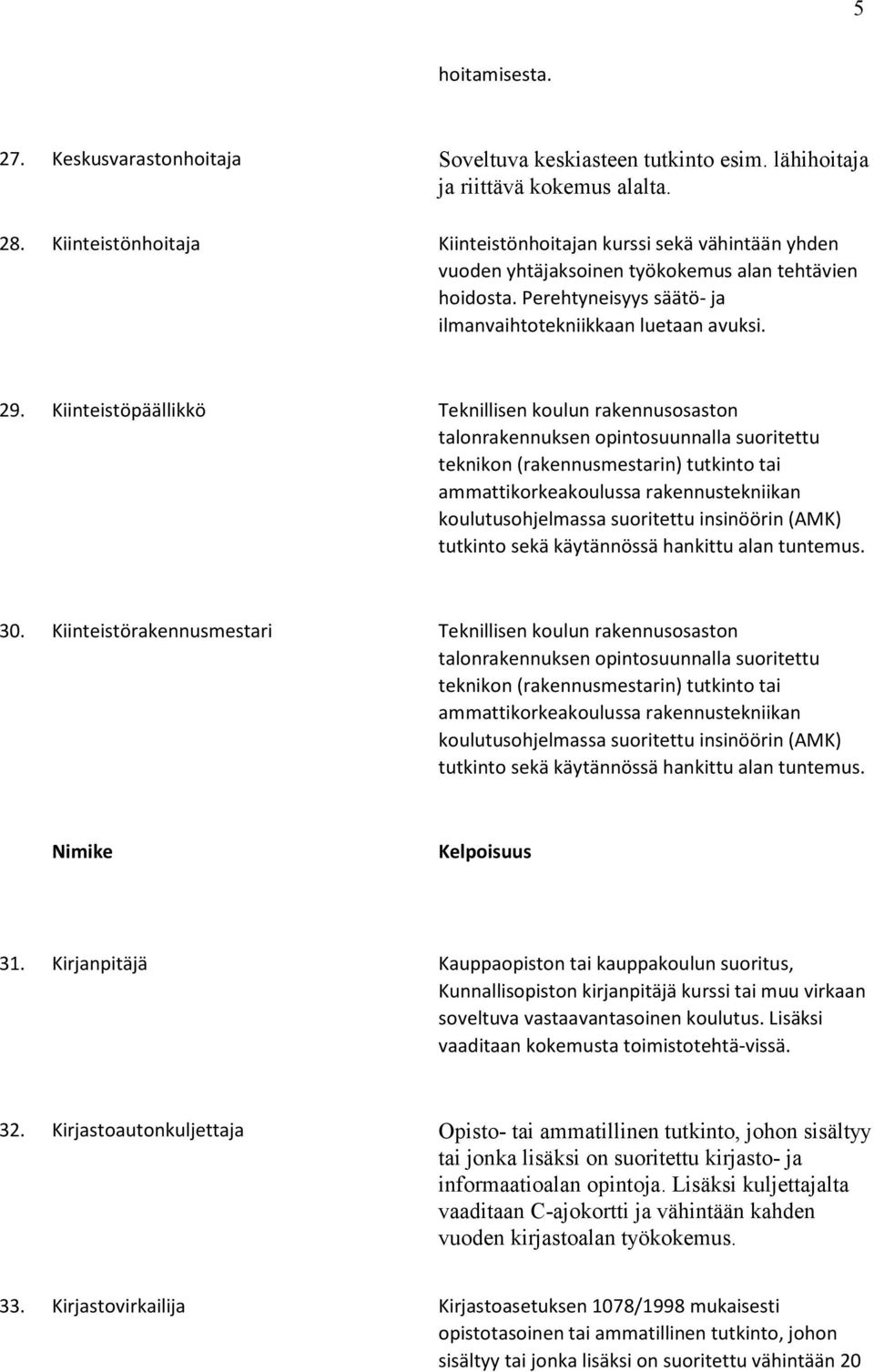 Kiinteistöpäällikkö Teknillisen koulun rakennusosaston talonrakennuksen opintosuunnalla suoritettu teknikon (rakennusmestarin) tutkinto tai ammattikorkeakoulussa rakennustekniikan koulutusohjelmassa