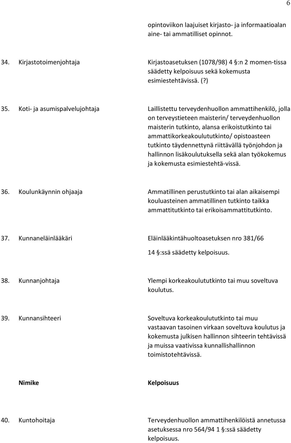 Koti- ja asumispalvelujohtaja Laillistettu terveydenhuollon ammattihenkilö, jolla on terveystieteen maisterin/ terveydenhuollon maisterin tutkinto, alansa erikoistutkinto tai