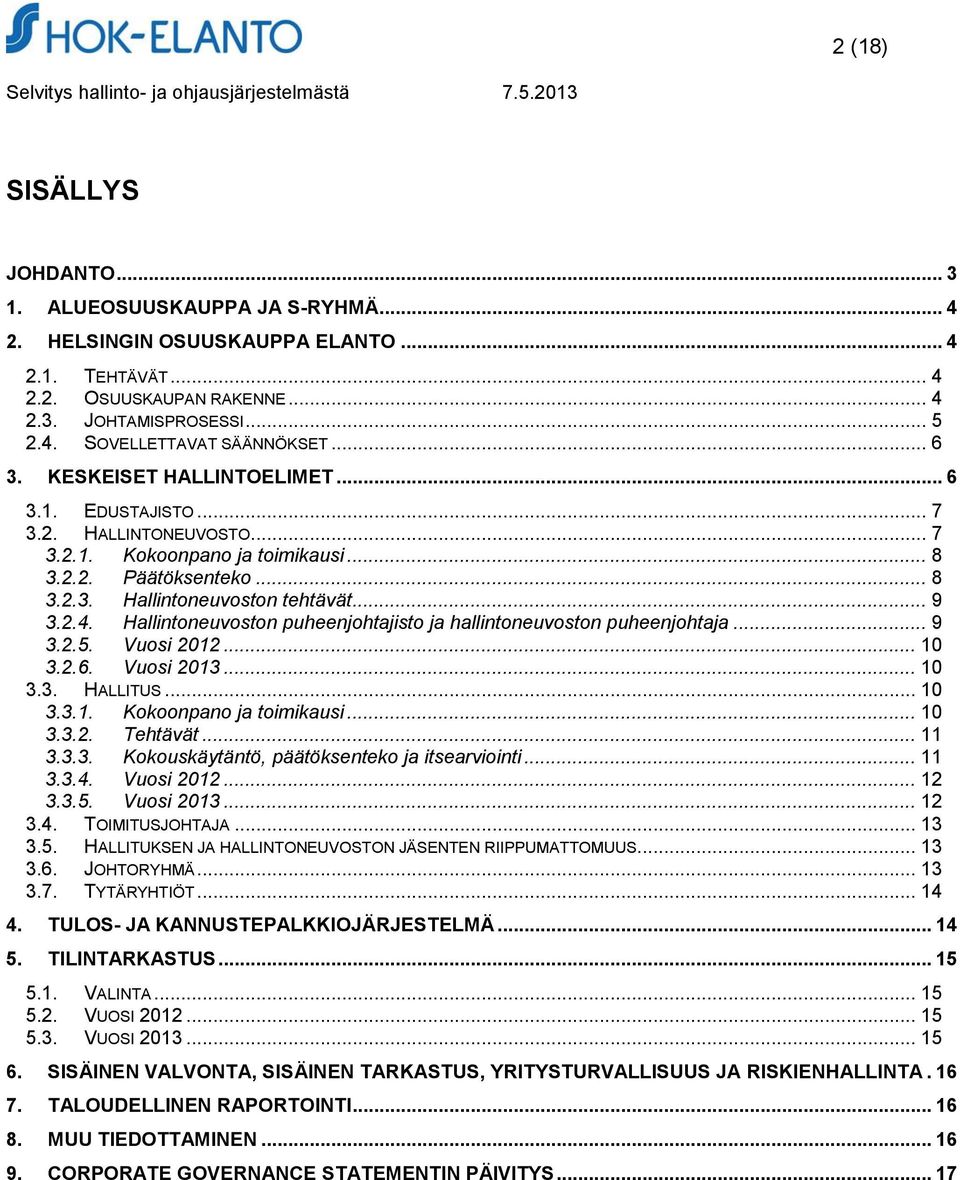 Hallintoneuvoston puheenjohtajisto ja hallintoneuvoston puheenjohtaja... 9 3.2.5. Vuosi 2012... 10 3.2.6. Vuosi 2013... 10 3.3. HALLITUS... 10 3.3.1. Kokoonpano ja toimikausi... 10 3.3.2. Tehtävät.