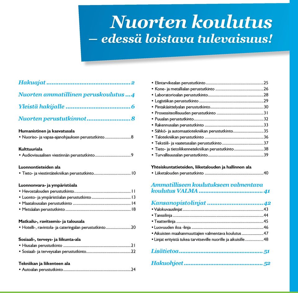 ..9 Luonnontieteiden ala Tieto- ja viestintätekniikan perustutkinto...10 Luonnonvara- ja ympäristöala Hevostalouden perustutkinto...11 Luonto- ja ympäristöalan perustutkinto.