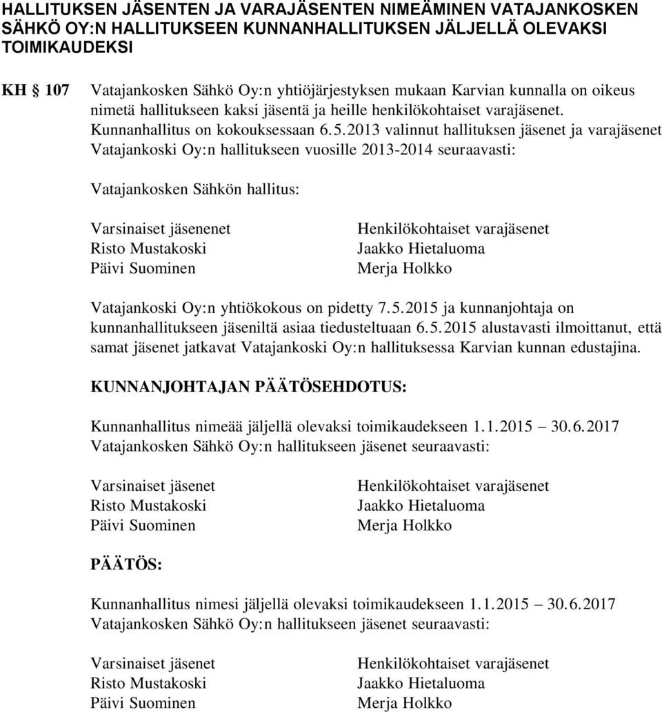 2013 valinnut hallituksen jäsenet ja varajäsenet Vatajankoski Oy:n hallitukseen vuosille 2013-2014 seuraavasti: Vatajankosken Sähkön hallitus: Varsinaiset jäsenenet Risto Mustakoski Päivi Suominen