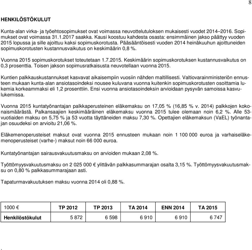 Pääsääntöisesti vuoden 2014 heinäkuuhun ajoittuneiden sopimuskorotusten kustannusvaikutus on keskimäärin 0,8 %. Vuonna 2015 sopimuskorotukset toteutetaan 1.7.2015. Keskimäärin sopimuskorotuksen kustannusvaikutus on 0,3 prosenttia.