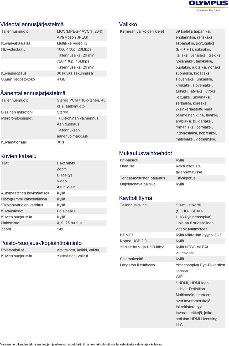 Tallennusaika: 29 min. italiaksi, venäjäksi, tsekiksi, 720P 30p, 13Mbps hollanniksi, tanskaksi, Tallennusaika: 29 min.