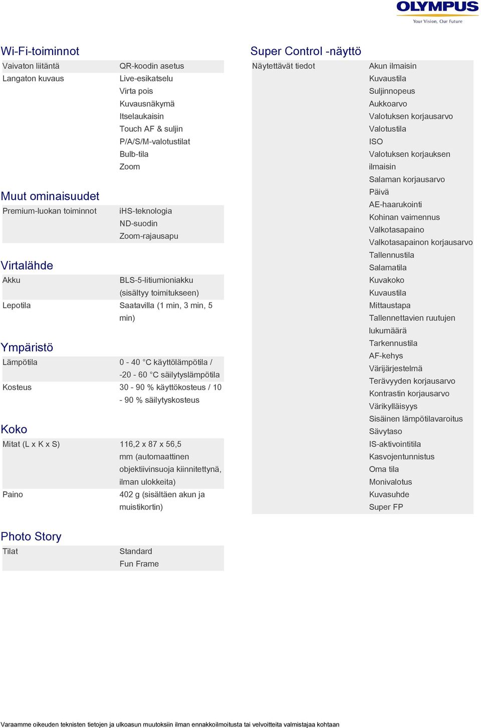 ihs-teknologia ND-suodin Zoom-rajausapu Lepotila Kohinan vaimennus Valkotasapaino Valkotasapainon korjausarvo Tallennustila Virtalähde Akku AE-haarukointi Salamatila BLS 5 litiumioniakku Kuvakoko