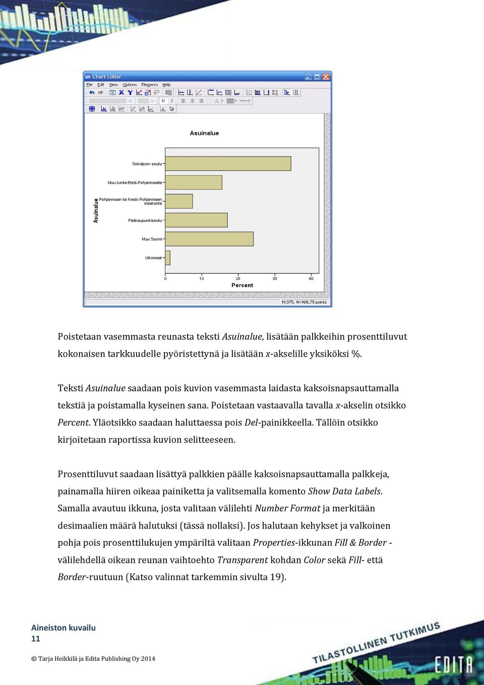 Yläotsikko saadaan haluttaessa pois Del-painikkeella. Tällöin otsikko kirjoitetaan raportissa kuvion selitteeseen.