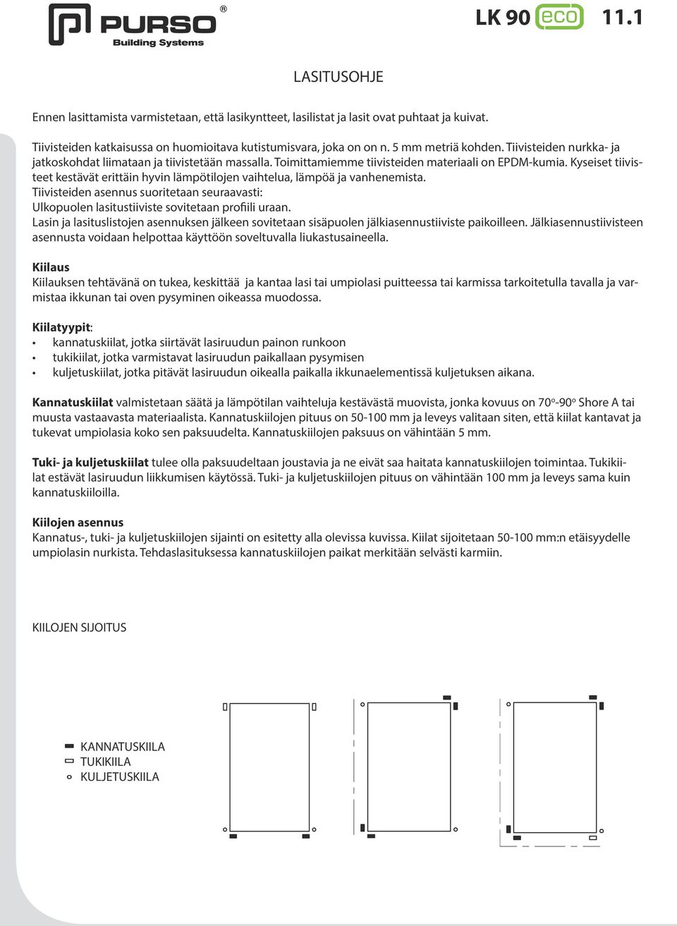 Kyseiset tiivisteet kestävät erittäin hyvin lämpötilojen vaihtelua, lämpöä ja vanhenemista. Tiivisteiden asennus suoritetaan seuraavasti: Ulkopuolen lasitustiiviste sovitetaan profiili uraan.