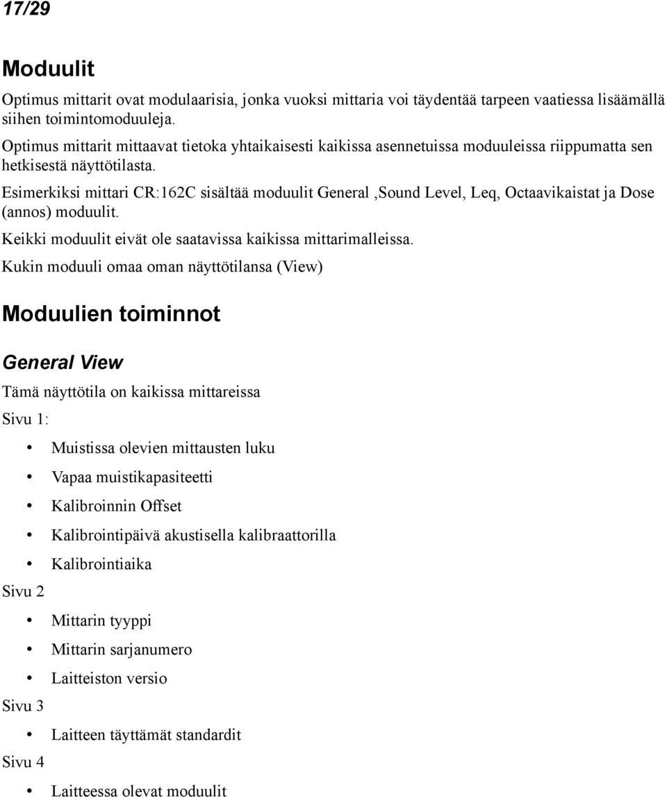 Esimerkiksi mittari CR:162C sisältää moduulit General,Sound Level, Leq, Octaavikaistat ja Dose (annos) moduulit. Keikki moduulit eivät ole saatavissa kaikissa mittarimalleissa.