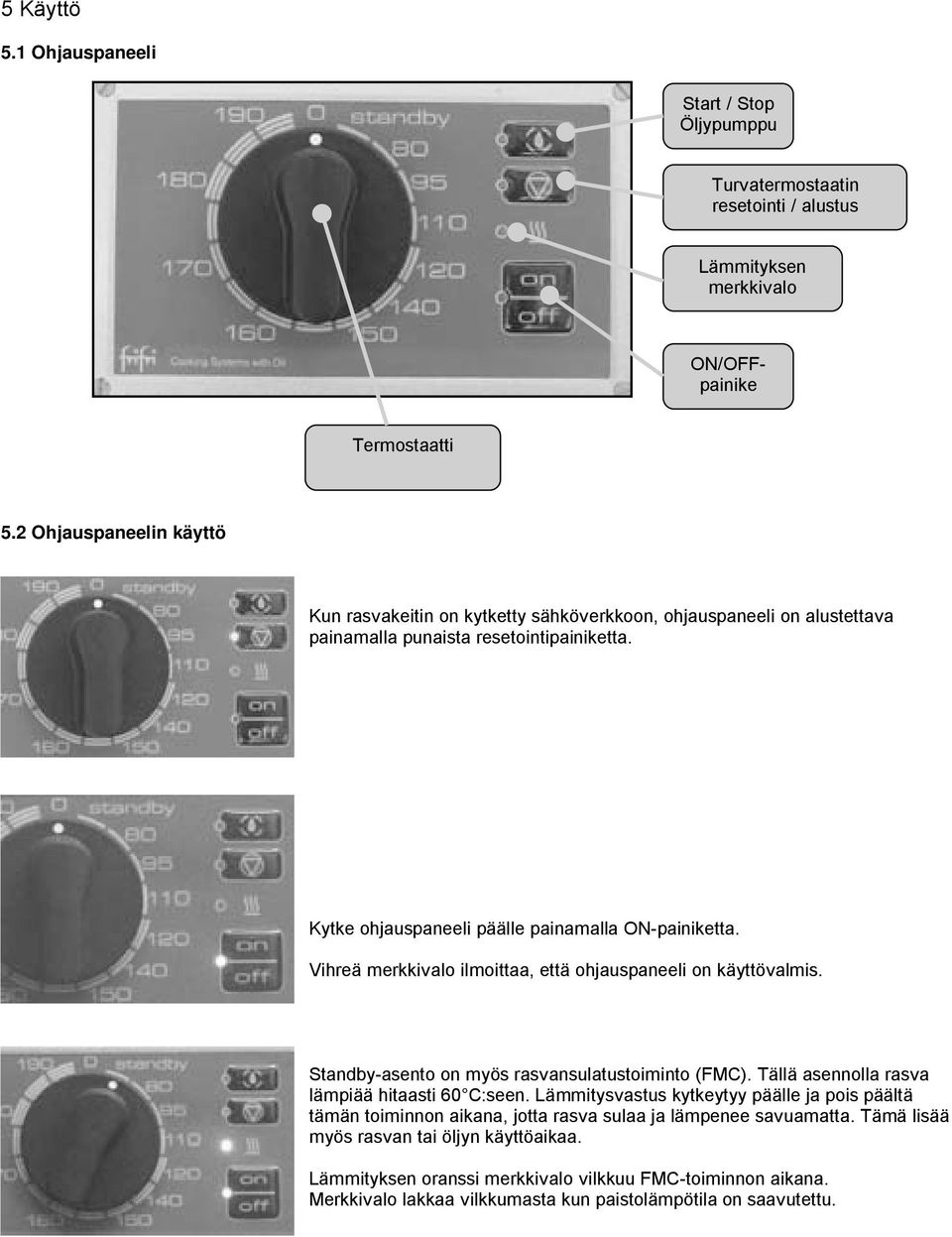 Vihreä merkkivalo ilmoittaa, että ohjauspaneeli on käyttövalmis. Standby-asento on myös rasvansulatustoiminto (FMC). Tällä asennolla rasva lämpiää hitaasti 60 C:seen.