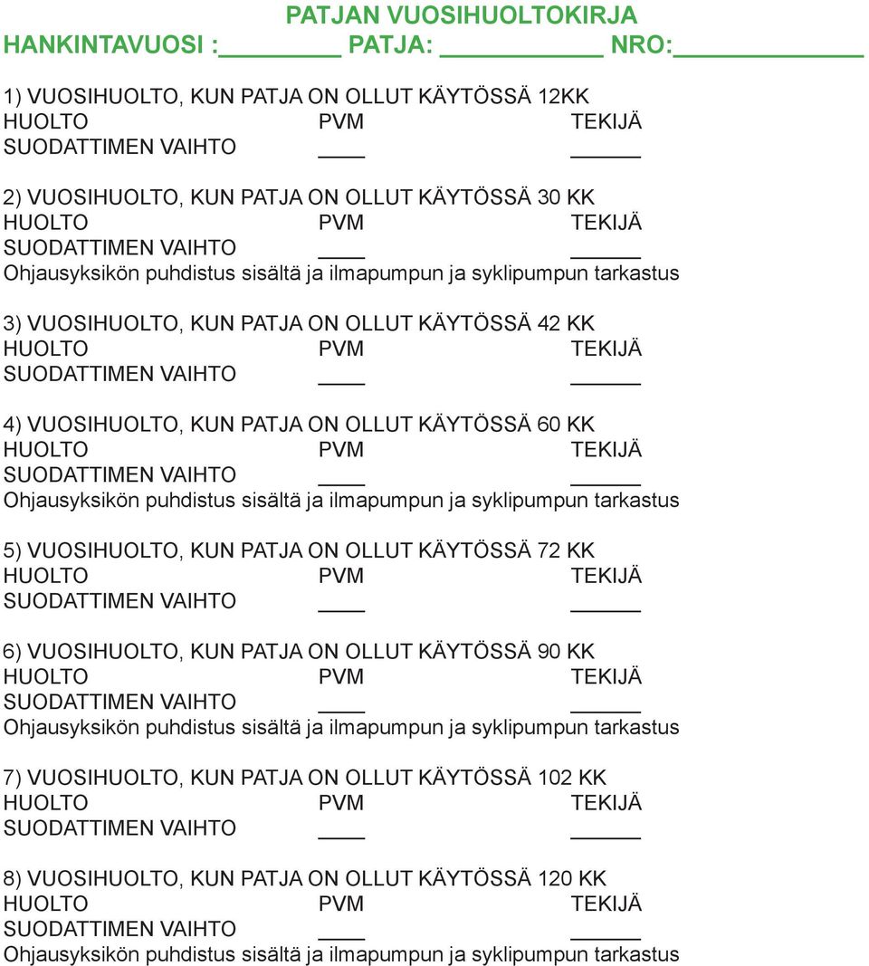 ilmapumpun ja syklipumpun tarkastus 5) VUOSIHUOLTO, KUN PATJA ON OLLUT KÄYTÖSSÄ 72 KK 6) VUOSIHUOLTO, KUN PATJA ON OLLUT KÄYTÖSSÄ 90 KK Ohjausyksikön puhdistus sisältä ja ilmapumpun