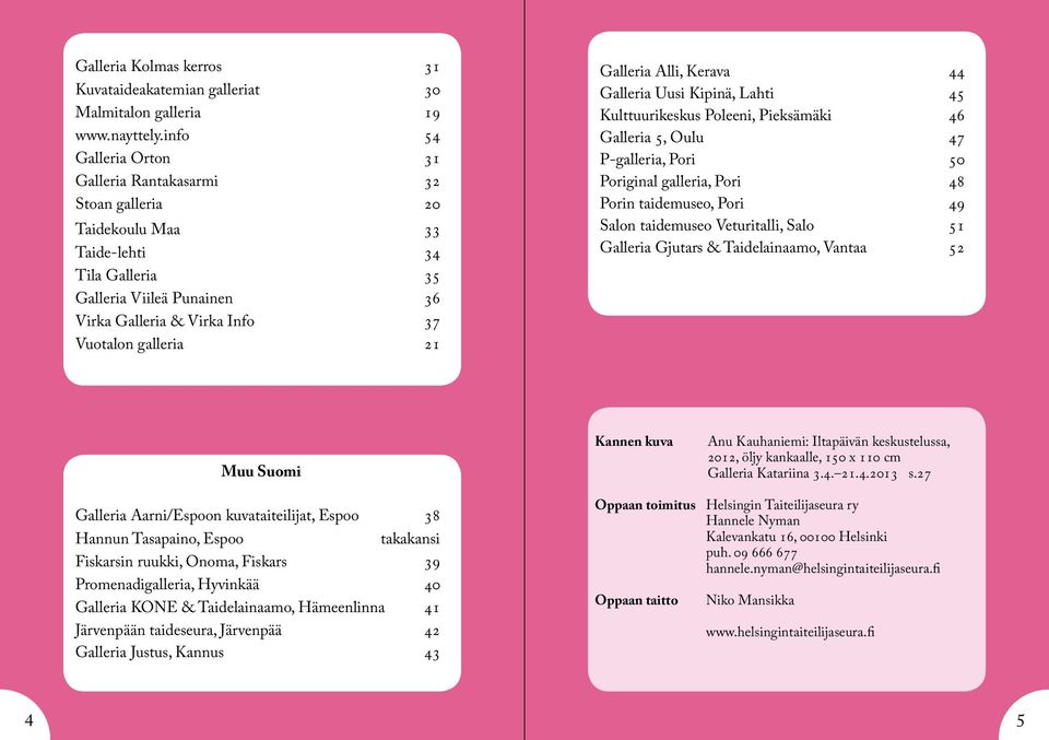 Galleria Alli, Kerava 44 Galleria Uusi Kipinä, Lahti 45 Kulttuurikeskus Poleeni, Pieksämäki 46 Galleria 5, Oulu 47 P-galleria, Pori 50 Poriginal galleria, Pori 48 Porin taidemuseo, Pori 49 Salon