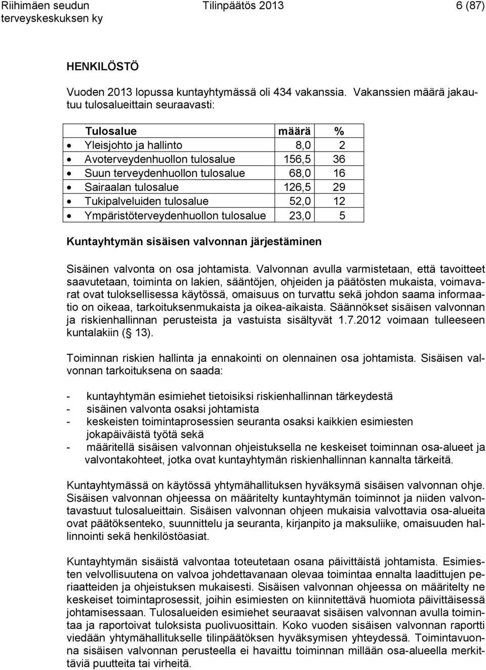 Tukipalveluiden tulosalue 52,0 12 Ympäristöterveydenhuollon tulosalue 23,0 5 Kuntayhtymän sisäisen valvonnan järjestäminen Sisäinen valvonta on osa johtamista.