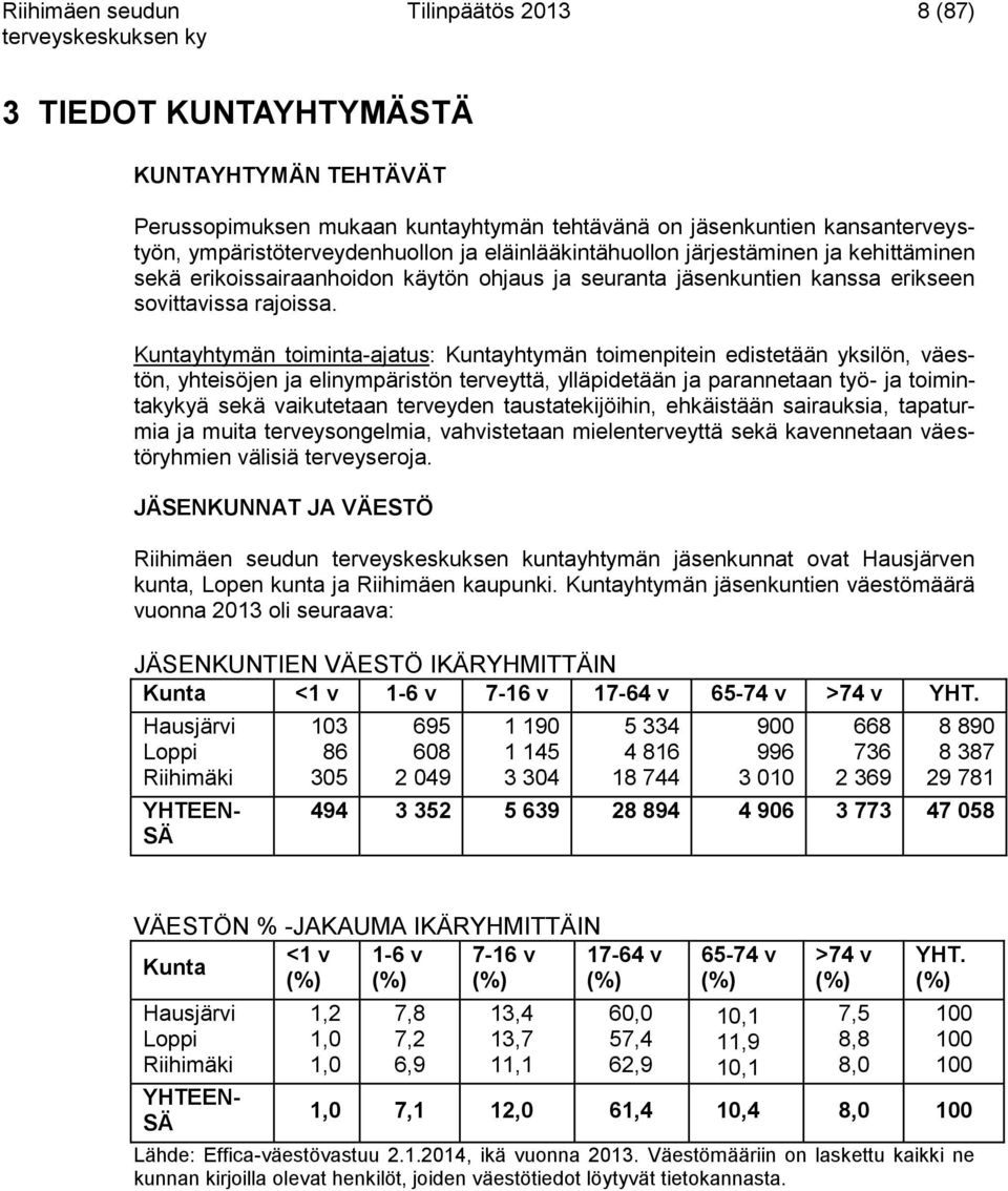 Kuntayhtymän toiminta-ajatus: Kuntayhtymän toimenpitein edistetään yksilön, väestön, yhteisöjen ja elinympäristön terveyttä, ylläpidetään ja parannetaan työ- ja toimintakykyä sekä vaikutetaan