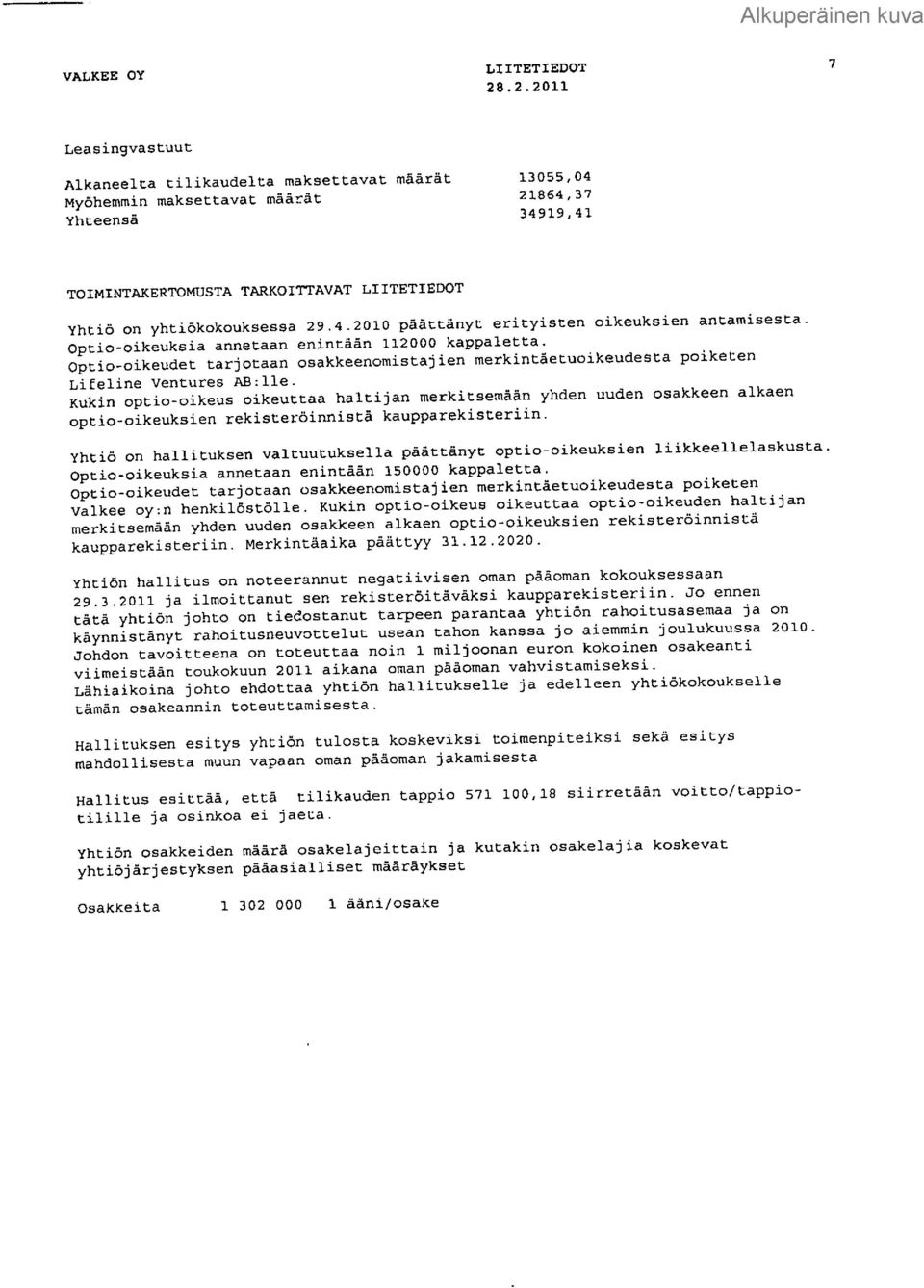 Optio-oikeuksia annetaan enintään 112000 kappaletta. Optio-oikeudet tarjotaan osakkeenomistajien merkintäetuoikeudesta poiketen Lifeline ventures AB:lle.