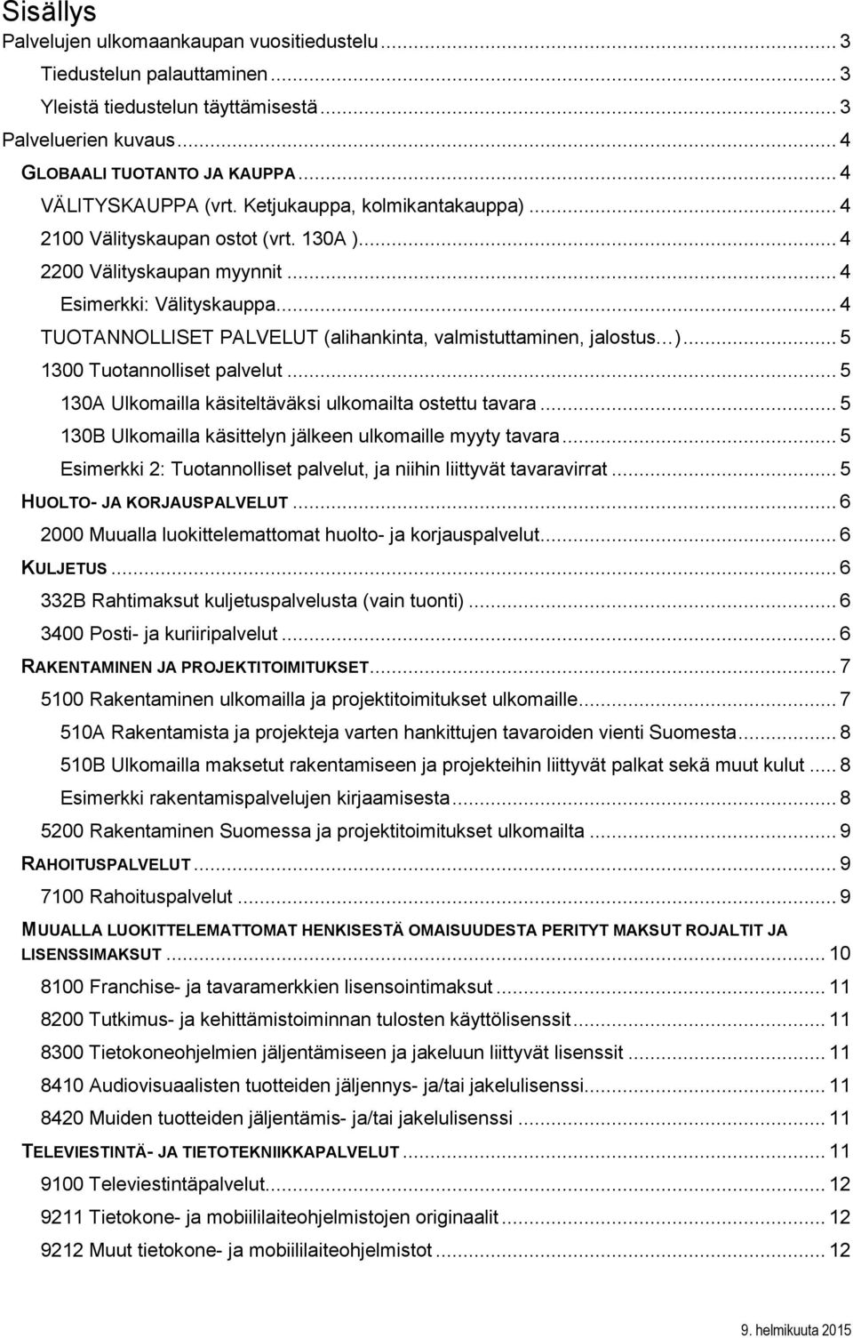 .. 4 TUOTANNOLLISET PALVELUT (alihankinta, valmistuttaminen, jalostus )... 5 1300 Tuotannolliset palvelut... 5 130A Ulkomailla käsiteltäväksi ulkomailta ostettu tavara.