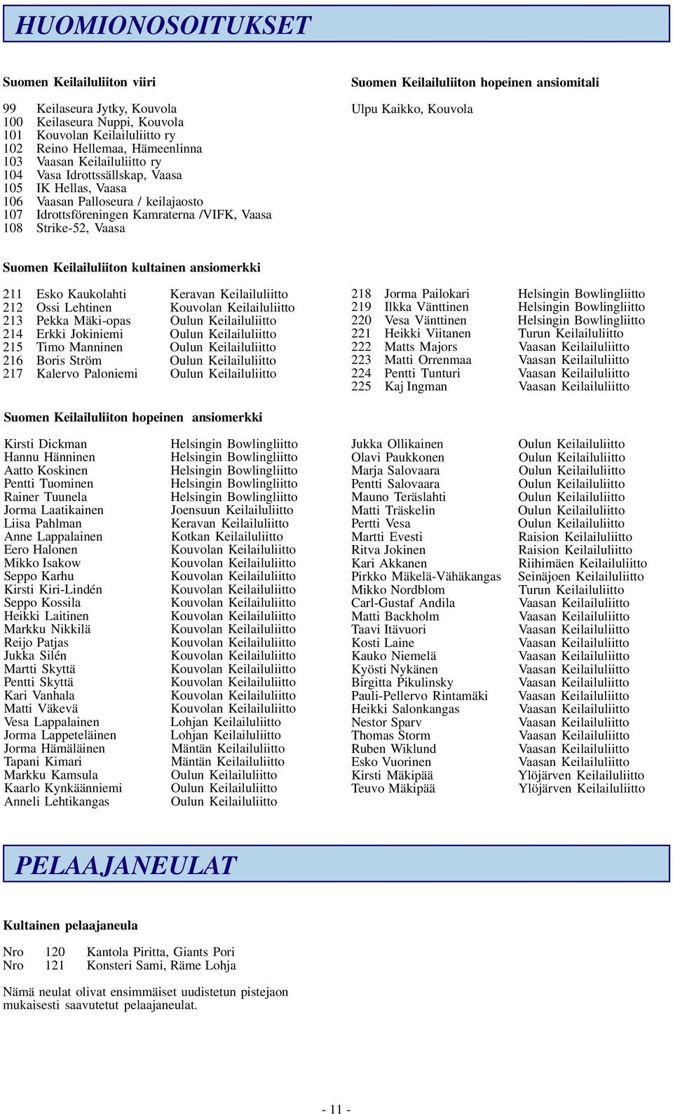 kultainen ansiomerkki 211 Esko Kaukolahti Keravan Keilailuliitto 212 Ossi Lehtinen 213 Pekka Mäki-opas 214 Erkki Jokiniemi 215 Timo Manninen 216 Boris Ström 217 Kalervo Paloniemi 218 Jorma Pailokari