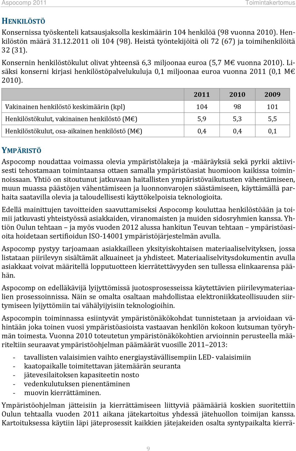 Lisäksi konserni kirjasi henkilöstöpalvelukuluja 0,1 miljoonaa euroa vuonna 2011 (0,1 M 2010).