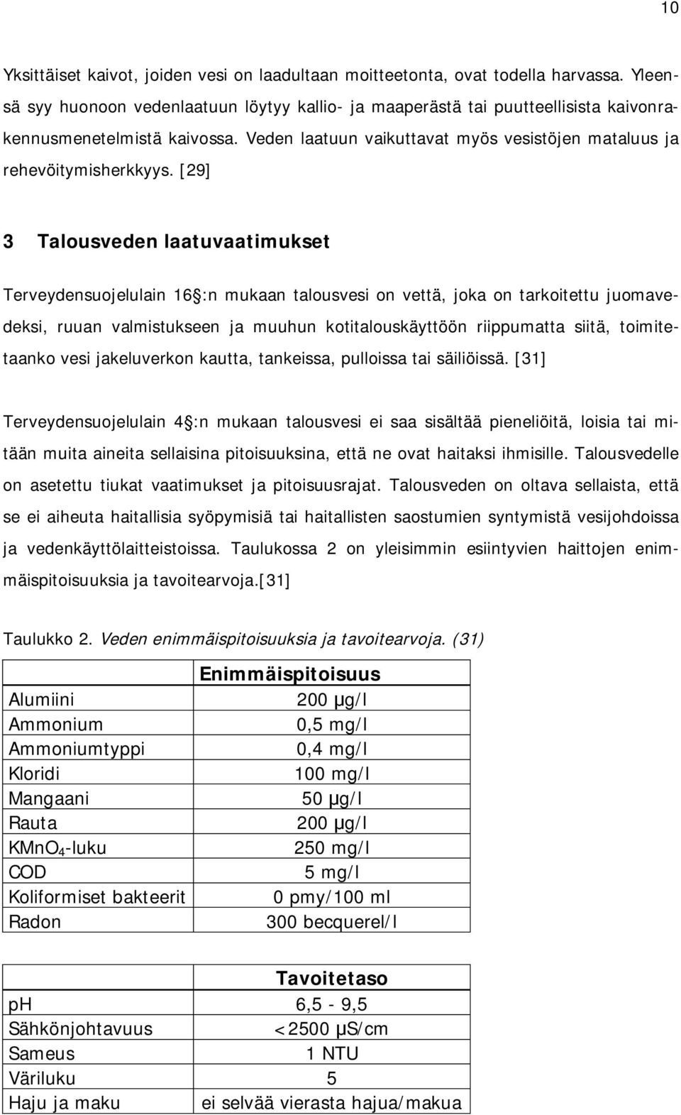 [29] 3 Talousveden laatuvaatimukset Terveydensuojelulain 16 :n mukaan talousvesi on vettä, joka on tarkoitettu juomavedeksi, ruuan valmistukseen ja muuhun kotitalouskäyttöön riippumatta siitä,