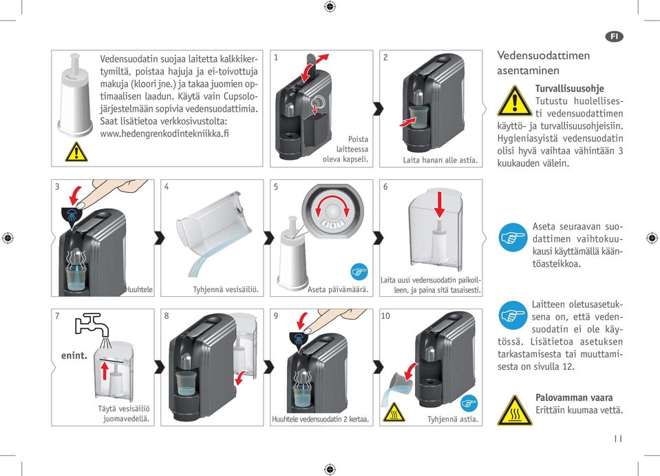 Vedensuodattimen asentaminen Turvallisuusohje Tutustu huolellisesti vedensuodattimen käyttö- ja turvallisuusohjeisiin. Hygieniasyistä vedensuodatin olisi hyvä vaihtaa vähintään 3 kuukauden välein.