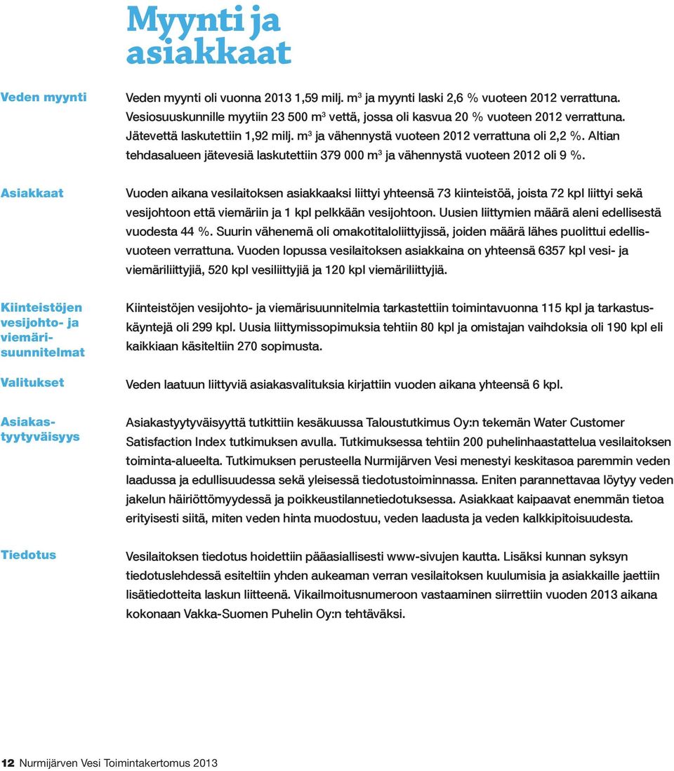 Altian tehdasalueen jätevesiä laskutettiin 379 000 m 3 ja vähennystä vuoteen 2012 oli 9 %.