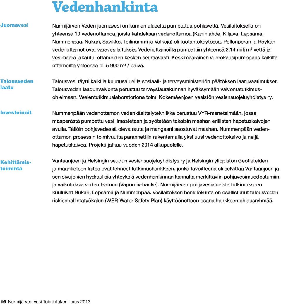 Pellonperän ja Röykän vedenottamot ovat varavesilaitoksia. Vedenottamoilta pumpattiin yhteensä 2,14 milj m 3 vettä ja vesimäärä jakautui ottamoiden kesken seuraavasti.