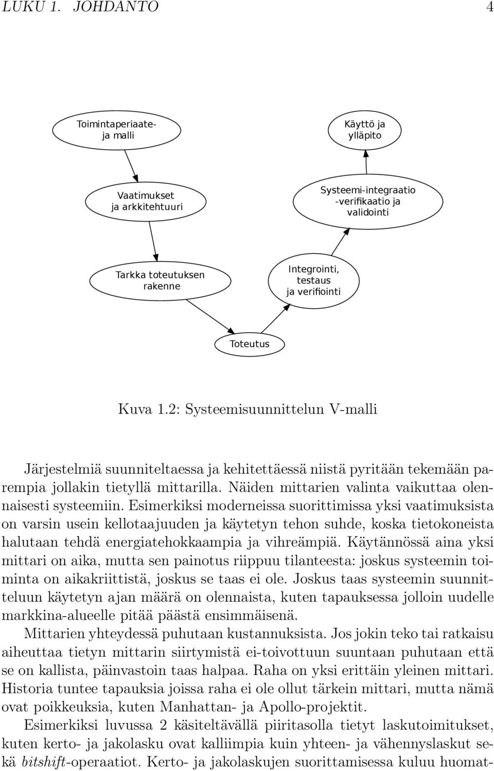 Toteutus Kuva 1.2: Systeemisuunnittelun V-malli Järjestelmiä suunniteltaessa ja kehitettäessä niistä pyritään tekemään parempia jollakin tietyllä mittarilla.