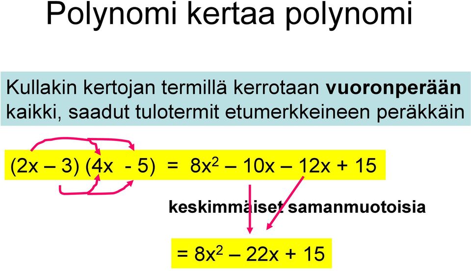 etumerkkeineen peräkkäin (2x 3) (4x - 5) = 8x 2 10x