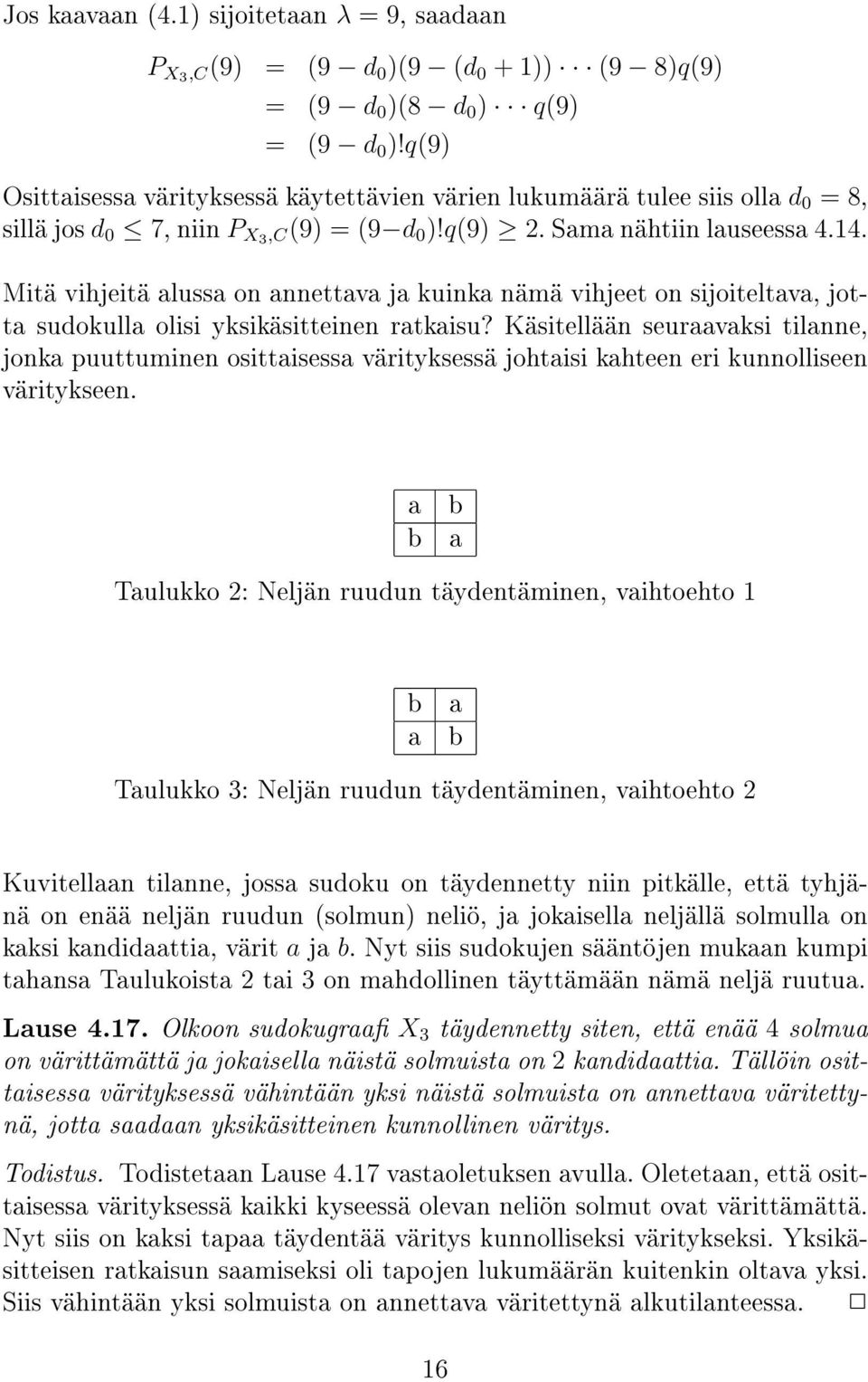 Mitä vihjeitä alussa on annettava ja kuinka nämä vihjeet on sijoiteltava, jotta sudokulla olisi yksikäsitteinen ratkaisu?