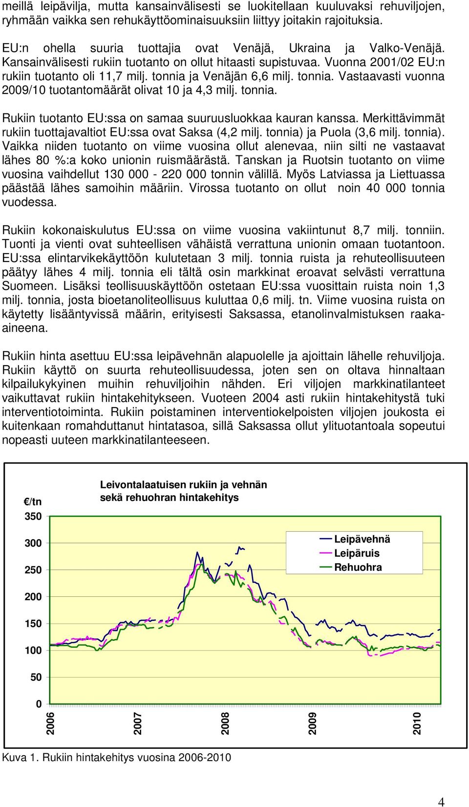 tonnia ja Venäjän 6,6 milj. tonnia. Vastaavasti vuonna 2009/10 tuotantomäärät olivat 10 ja 4,3 milj. tonnia. Rukiin tuotanto EU:ssa on samaa suuruusluokkaa kauran kanssa.