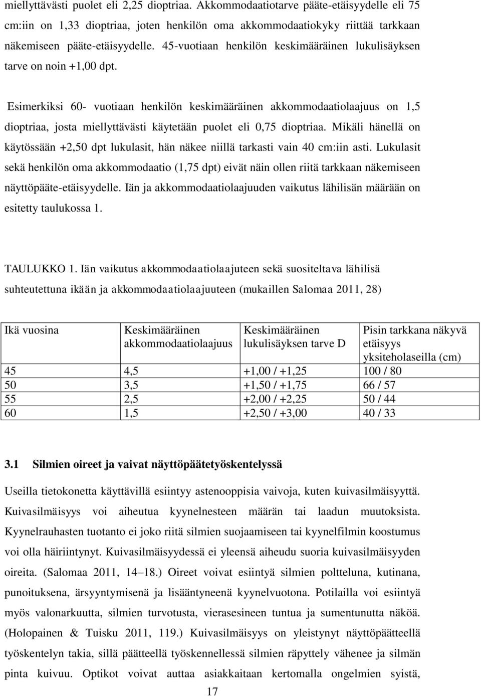 Esimerkiksi 60- vuotiaan henkilön keskimääräinen akkommodaatiolaajuus on 1,5 dioptriaa, josta miellyttävästi käytetään puolet eli 0,75 dioptriaa.