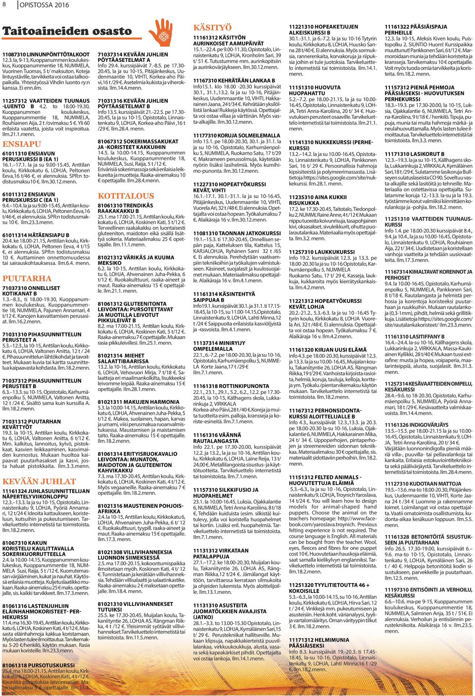 30, Kuoppanummen koulukeskus, Kuoppanummentie 18, NUMMELA, Rouhiainen Aija, 2 t /ovimaksu 5. Yli 60 erilaista vaatetta, joista voit inspiroitua. Ilm.21.1. ENSIAPU 61011310 ENSIAVUN PERUSKURSSI B (EA 1) 16.