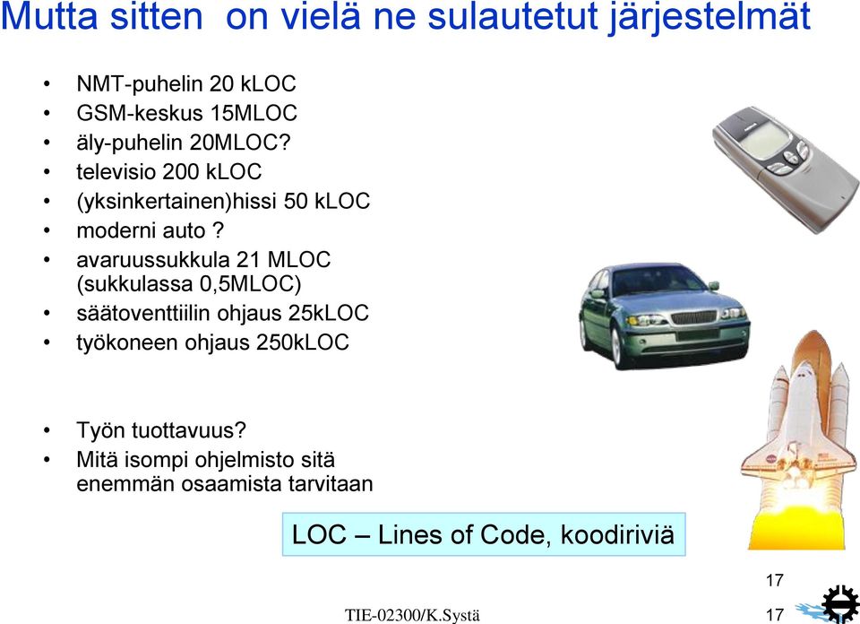 äly-puhelin 20MLOC? televisio 200 kloc (yksinkertainen)hissi 50 kloc moderni auto?