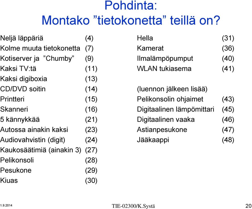 tukiasema (41) Kaksi digiboxia (13) CD/DVD soitin (14) (luennon jälkeen lisää) Printteri (15) Pelikonsolin ohjaimet (43) Skanneri (16)