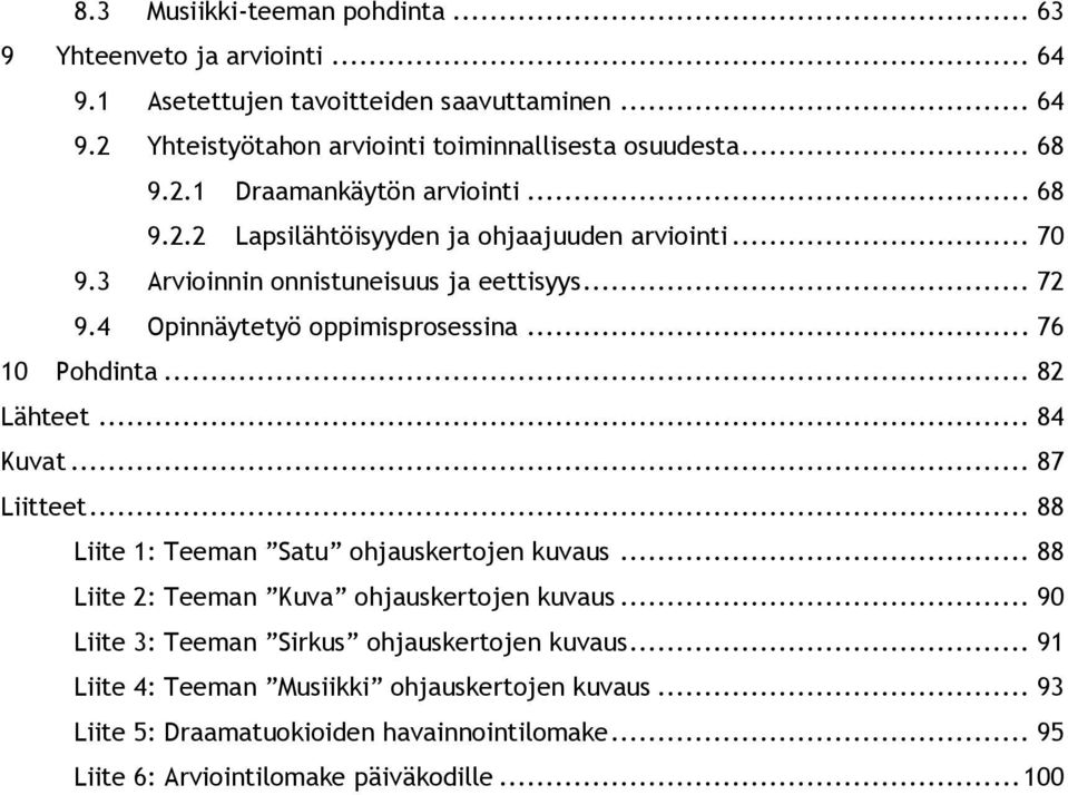 .. 76 10 Pohdinta... 82 Lähteet... 84 Kuvat... 87 Liitteet... 88 Liite 1: Teeman Satu ohjauskertojen kuvaus... 88 Liite 2: Teeman Kuva ohjauskertojen kuvaus.