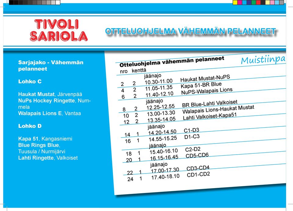 35 Kapa 51-BR Blue 6 2 11.40-12.10 NuPS-Walapais Lions 8 2 12.25-12.55 BR Blue-Lahti Valkoiset 10 2 13.00-13.30 Walapais Lions-Haukat Mustat 12 2 13.35-14.