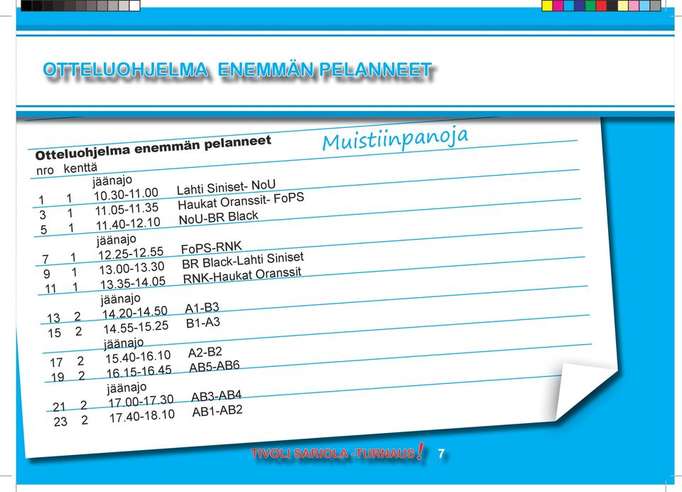 55 FoPS-RNK 9 1 13.00-13.30 BR Black-Lahti Siniset 11 1 13.35-14.05 RNK-Haukat Oranssit 13 2 14.20-14.