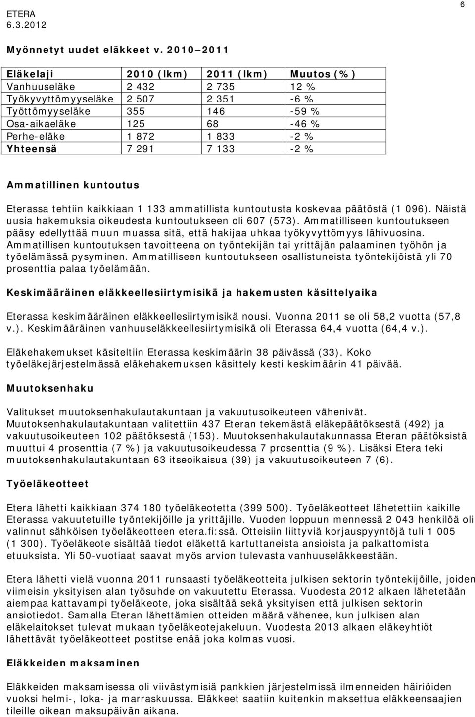 % Yhteensä 7 291 7 133-2 % Ammatillinen kuntoutus Eterassa tehtiin kaikkiaan 1 133 ammatillista kuntoutusta koskevaa päätöstä (1 096). Näistä uusia hakemuksia oikeudesta kuntoutukseen oli 607 (573).