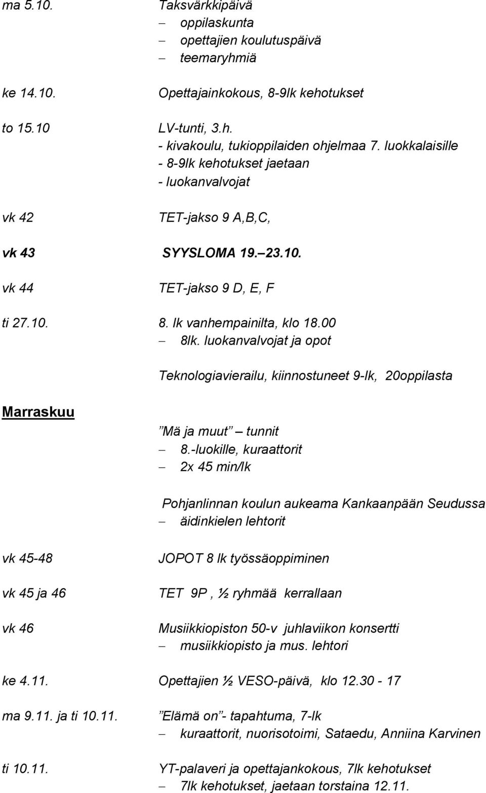 luokanvalvojat ja opot Teknologiavierailu, kiinnostuneet 9-lk, 20oppilasta Marraskuu Mä ja muut tunnit 8.