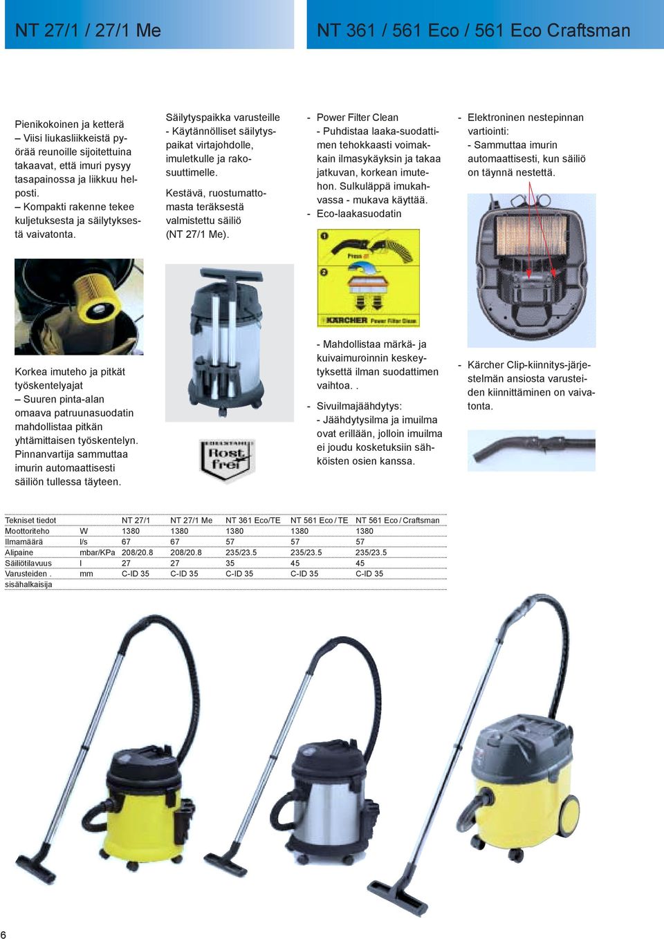 Kestävä, ruostumattomasta teräksestä valmistettu säiliö (NT 27/1 Me). - Power Filter Clean - Puhdistaa laaka-suodattimen tehokkaasti voimakkain ilmasykäyksin ja takaa jatkuvan, korkean imutehon.