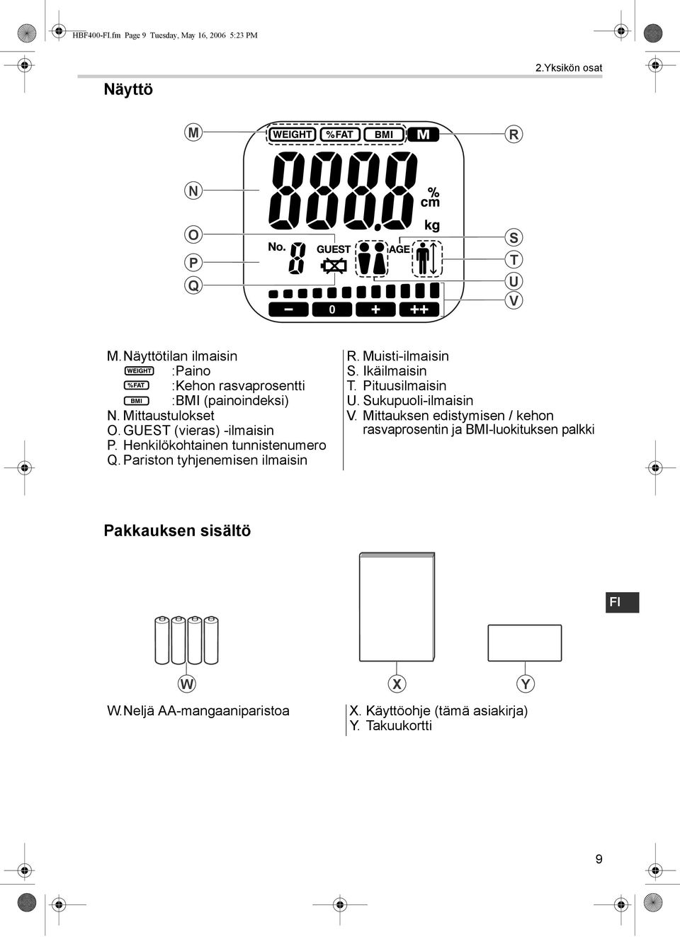 Henkilökohtainen tunnistenumero Q.Pariston tyhjenemisen ilmaisin R. Muisti-ilmaisin S. Ikäilmaisin T. Pituusilmaisin U.