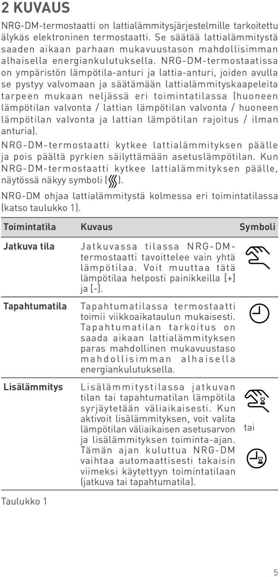 NRG-DM-termostaatissa on ympäristön lämpötila-anturi ja lattia-anturi, joiden avulla se pystyy valvomaan ja säätämään lattialämmityskaapeleita tarpeen mukaan neljässä eri toimintatilassa (huoneen