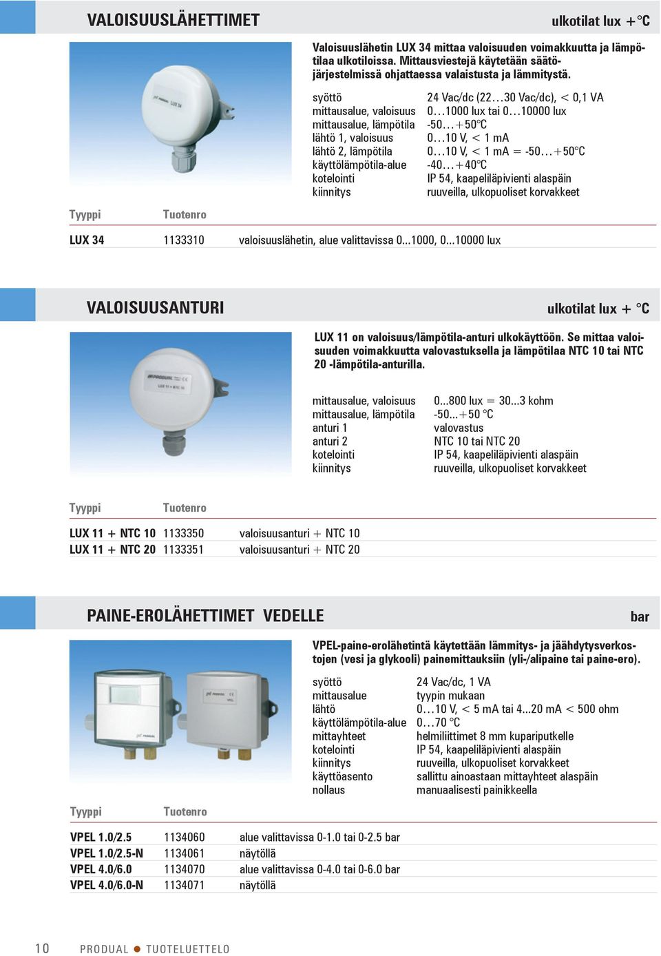 mittausalue, valoisuus mittausalue, lämpötila lähtö 1, valoisuus lähtö 2, lämpötila käyttölämpötila-alue 24 Vac/dc (22 30 Vac/dc), < 0,1 VA 0 1000 lux tai 0 10000 lux -50 +50 C 0 10 V, < 1 ma 0 10 V,