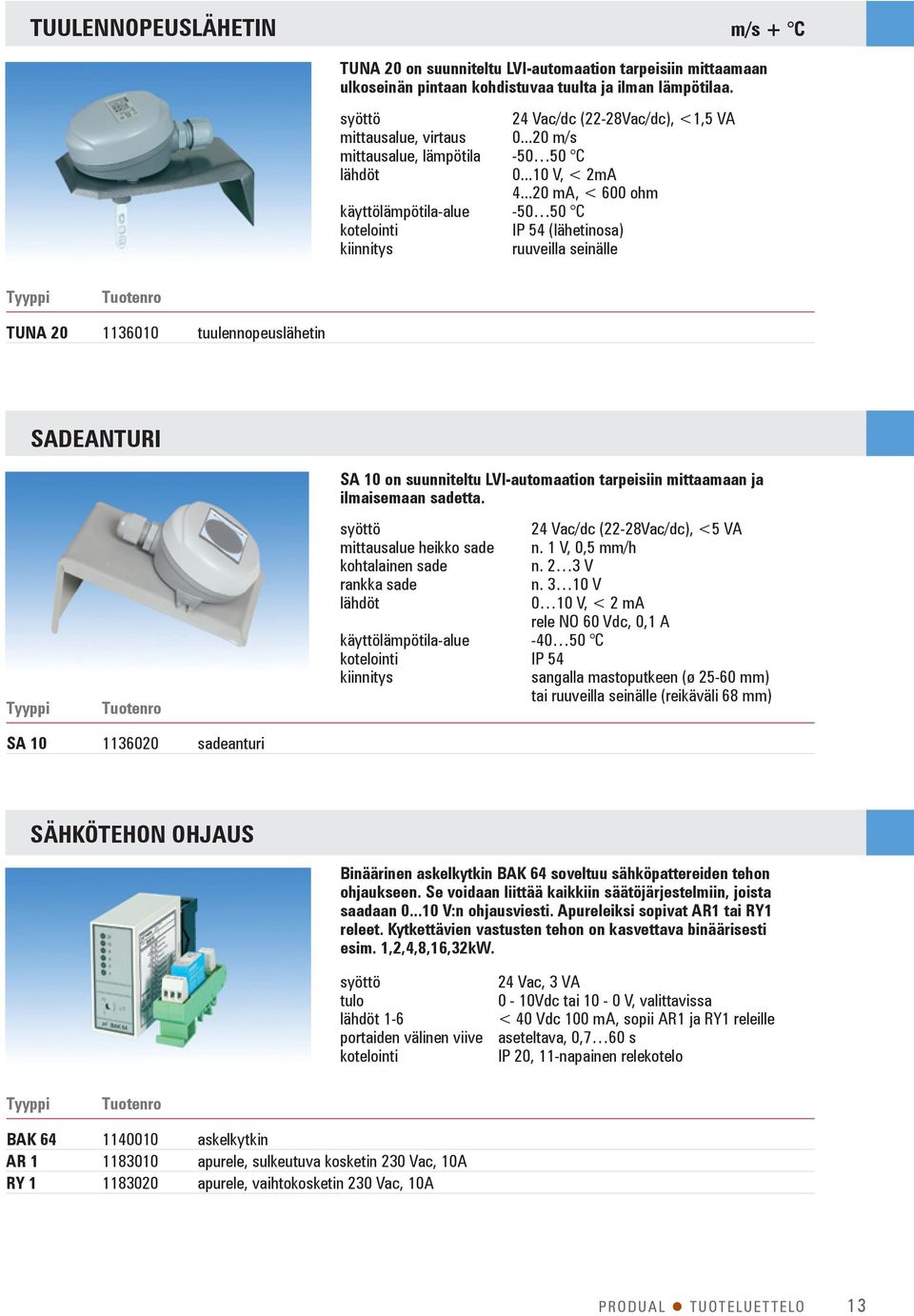 ..20 ma, < 600 ohm käyttölämpötila-alue -50 50 C IP 54 (lähetinosa) ruuveilla seinälle TUNA 20 1136010 tuulennopeuslähetin SADEANTURI SA 10 on suunniteltu LVI-automaation tarpeisiin mittaamaan ja