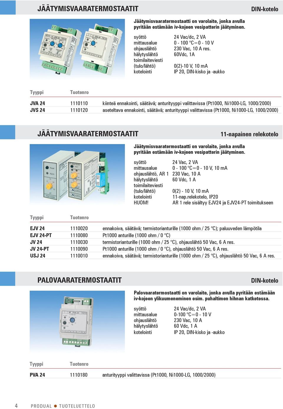 60Vdc, 1A 0(2)-10 V, 10 ma IP 20, DIN-kisko ja -aukko JVA 24 1110110 kiinteä ennakointi, säätävä; anturityyppi valittavissa (Pt1000, Ni1000-LG, 1000/2000) JVS 24 1110120 aseteltava ennakointi,